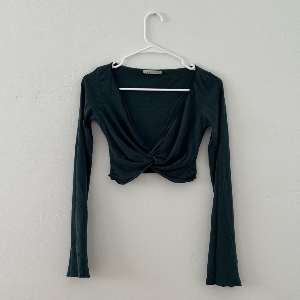 Velvet Dark Green Long Sleeve Twist Crop Top